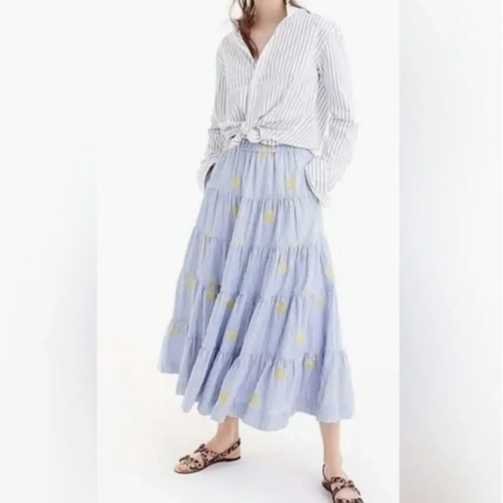 J. CREW Pinapple Embroidered Tiered Seersucker Pinstripe Lagenlook Midi Skirt - Picture 4 of 15